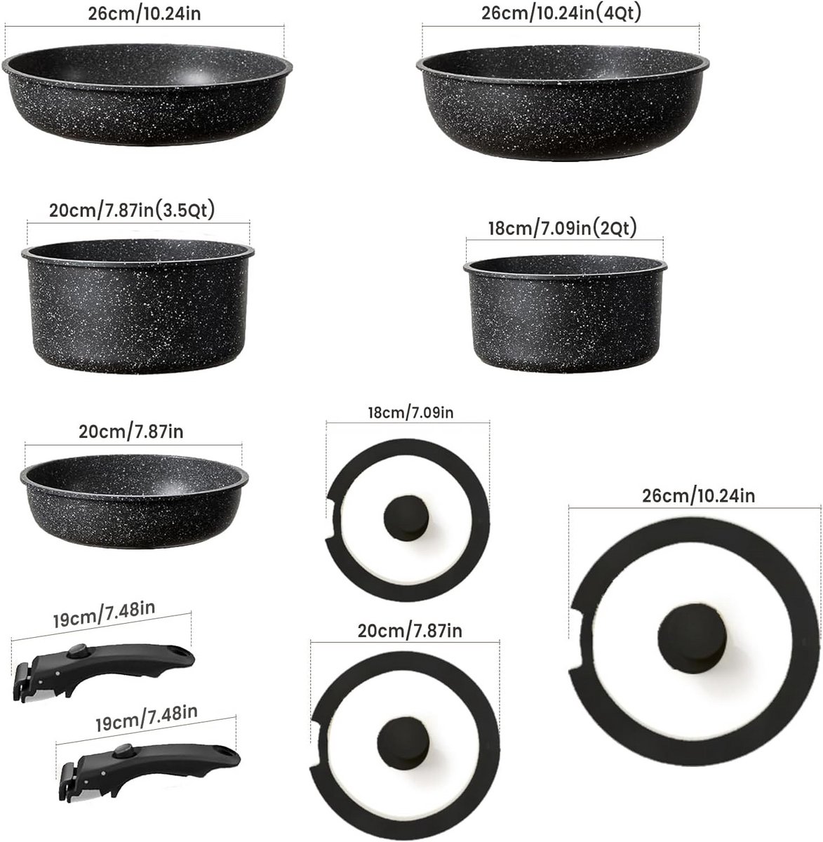 Complete Set Pannen en Potten met Afneembaar Handvat voor Inductie
