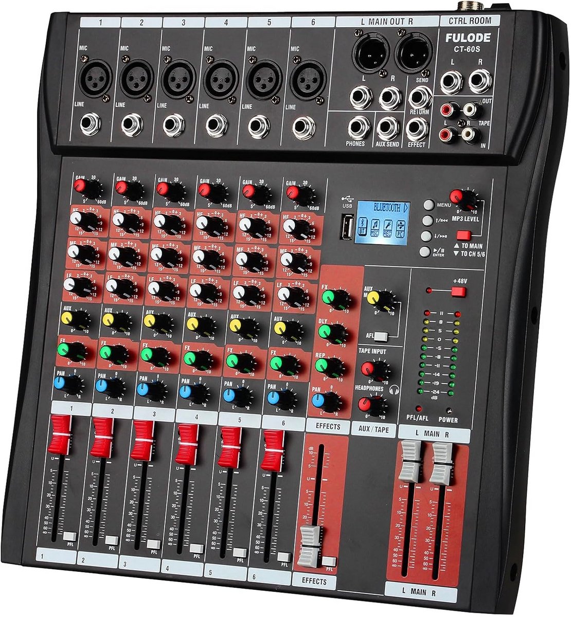 6-Kanaals Professionele Audio Mixer met Bluetooth, USB Opname en 48V Fantoomvoeding