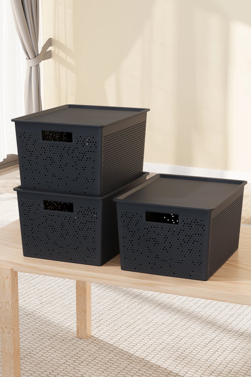 Tobeyz Opbergdozen 20L – Kunststof Opbergbox | Set van 3 | Optimale Ventilatie | Modulair Stapelbaar Systeem | Geïntegreerde Handgrepen | BPA-vrij Gerecycled Plastic | 30×40×22 cm | Antraciet