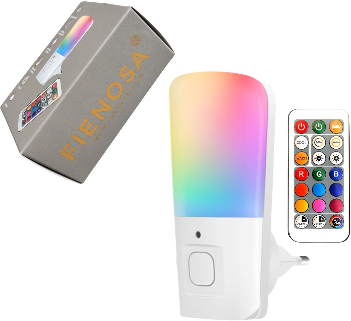 Fienosa LED Nachtlampje Stopcontact met Afstandsbediening – 10 Dimbare Standen – RGB & Warm Wit – Met Timer – Voor Kinderkamer & Slaapkamer