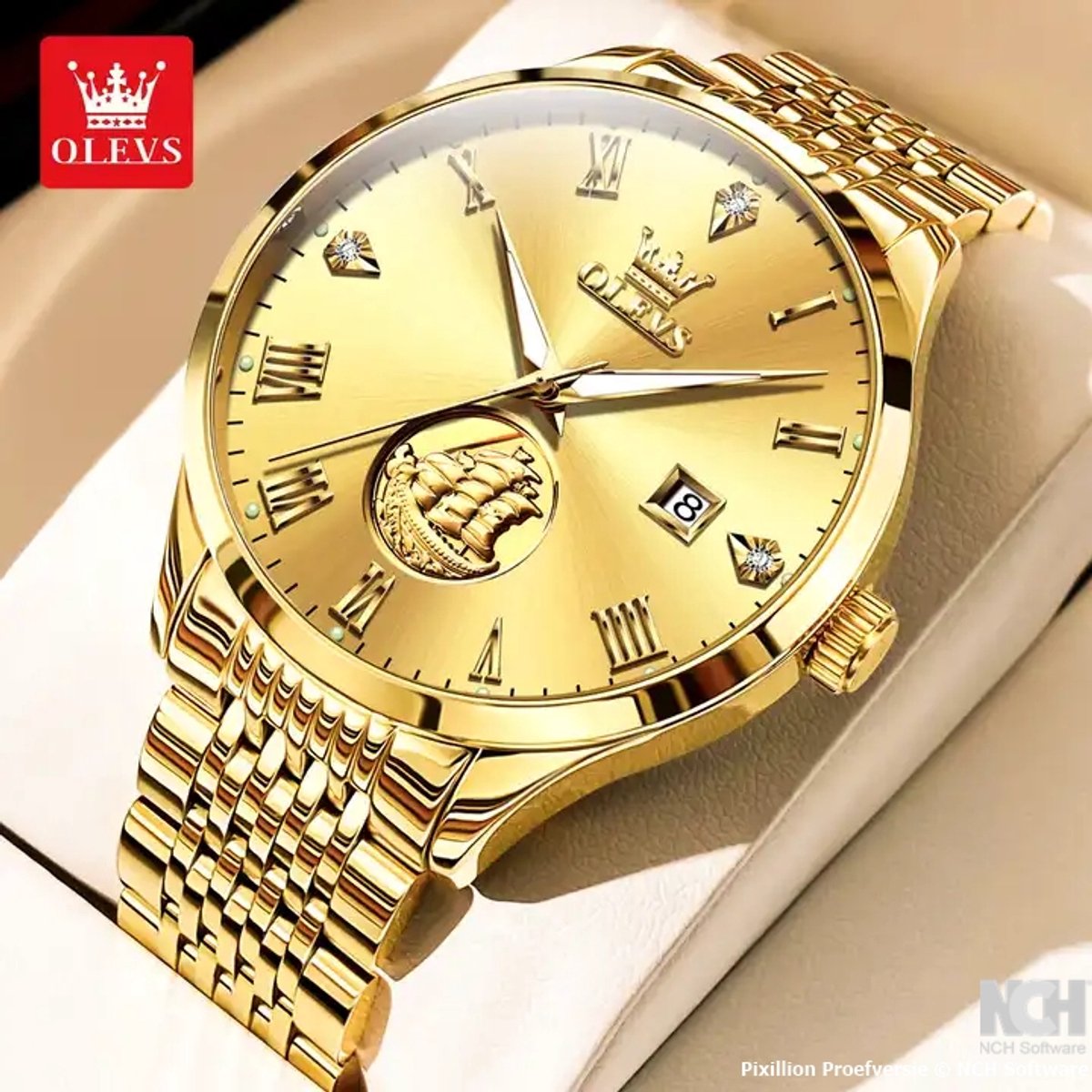 HO-6696.g : Olevs 3 master zeilschip, goudkleurig automatisch-mechanisch edelstaal heren horloge, 3BAR, tourbillon, luminiscerend