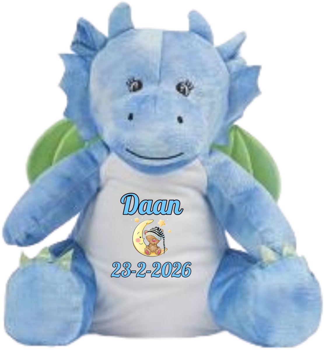 Blauwe Draak knuffel - gepersonaliseerd - kraamcadeau - naam - geboortedatum - Mumbles