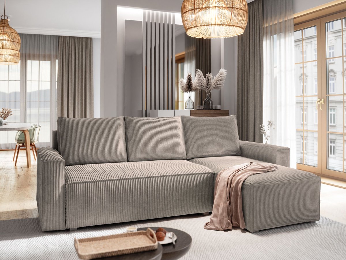 HOEKBANK POTARO Beige Cordstof met slaapfunctie