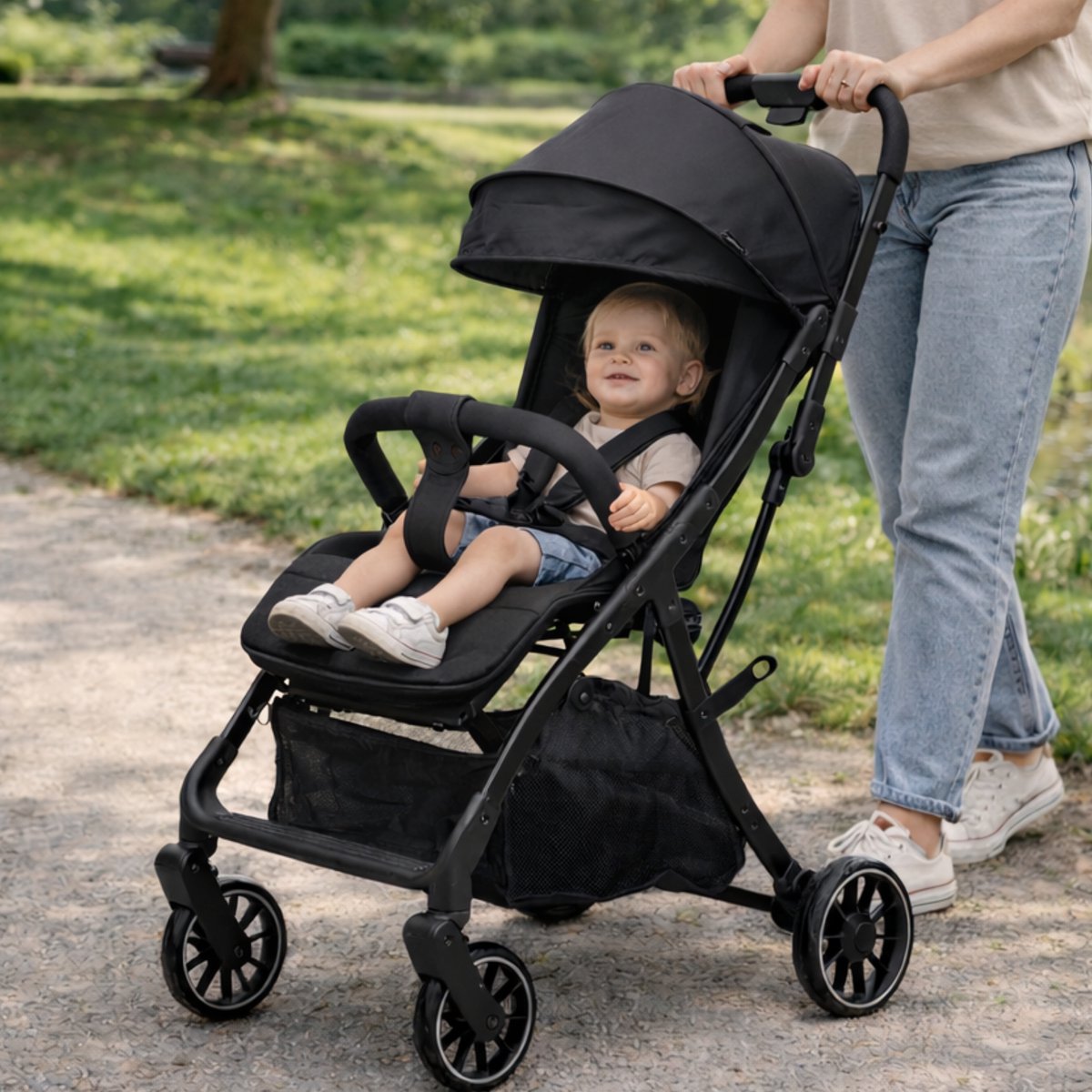 Cabino® Buggy Compact PLUS + Makkelijk Inklapbaar - Geschikt Voor Vliegtuig (Handbagage) & tot 22kg Wandelwagen Buggy Met Verstelbare Rugleuning en Grote Boodschappenmand Inclusief Reishoes & Bekerhouder – Zwart – foto 2