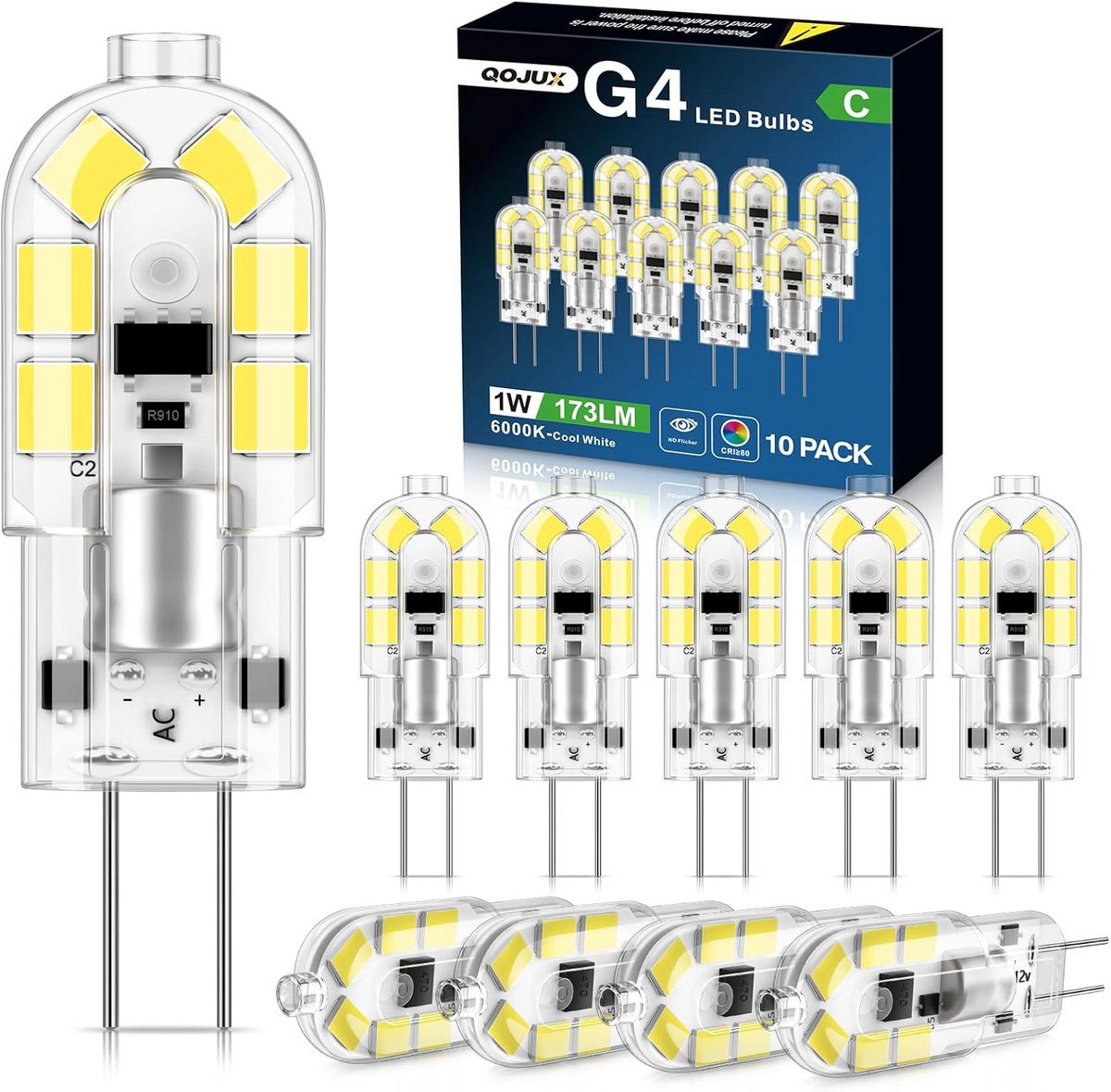 Set van 10 G4 LED-lampen 1W Vervangt 20W Halogeen Koud Wit 6000K