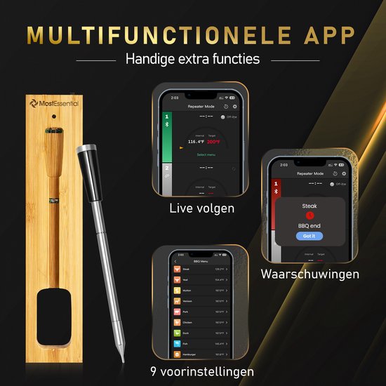 Thermometer in houten houder, naast smartphone met app-functies: live volgen, waarschuwingen en 9 vooringestelde menu's.