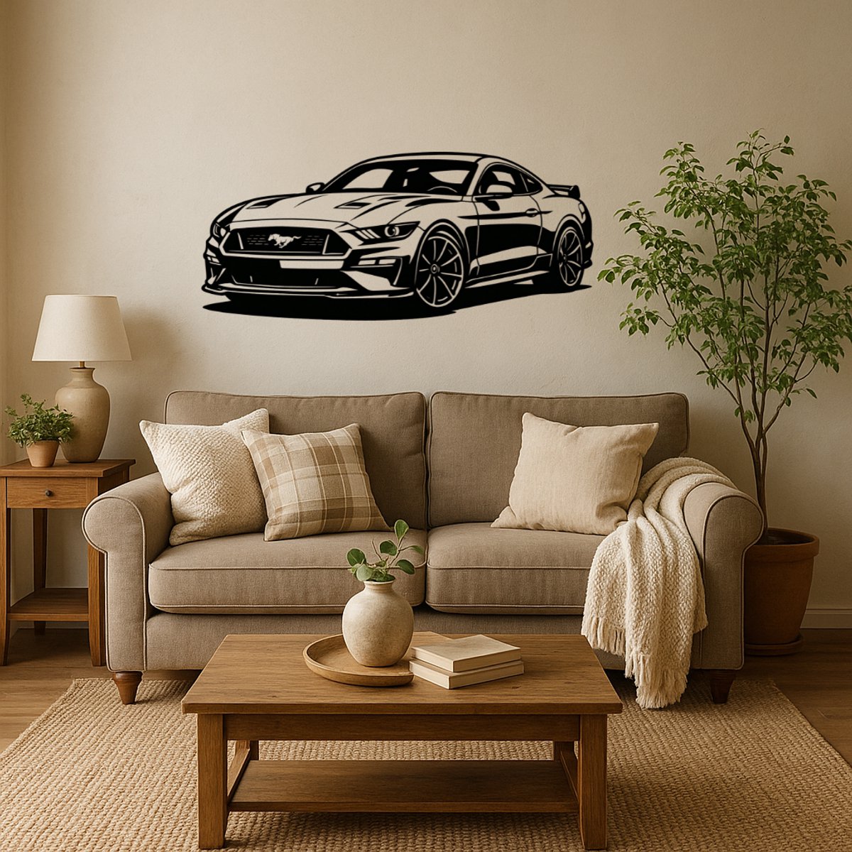 BR2Laser Ford Mustang – Wanddecoratie – Lasergesneden Hout – Autokunst – 55 cm Breed