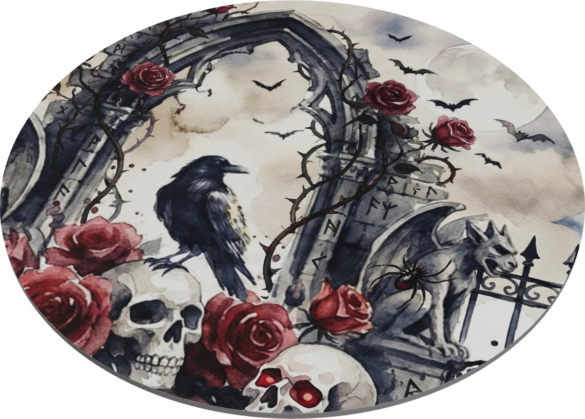 Aquarel Series Ronde Muismat - Duistere Fantasy met Schedel, Zwarte Raaf en Doornrozen - Prachtige Goth Muismat voor haar: Vriendin & Collega - Artistiek Waterverf Design voor Bureau of Thuiswerkplek - Unieke Heksen Decoratie met Volle Maan