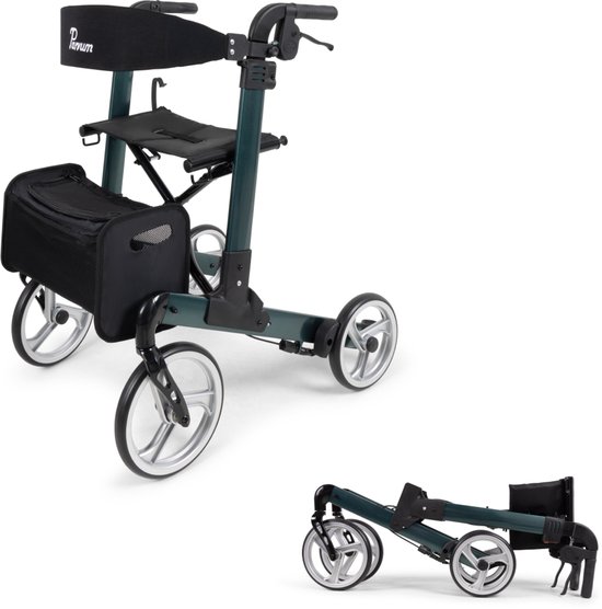 Parvum Luxo Rollator - Luxe dubbel opvouwbare rollator (6,9kg) - Incl. stokhouder, tas, rugleuning - Petrol Groen, Medium