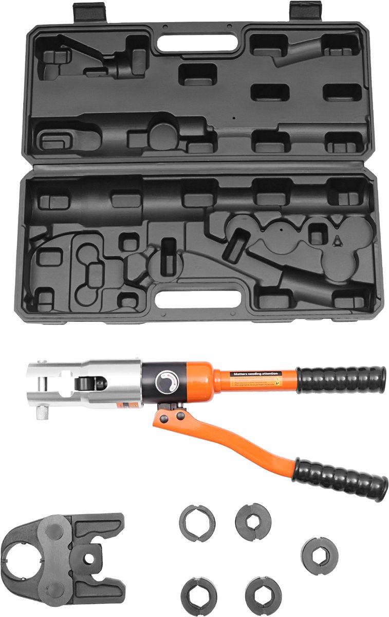 Hydraulische Pijpkrimptang - Perstang - Persgereedschap Set - Krimptang voor Koperen Buis en Composietbuis - 10 Ton 100kN - 360 Graden Draaibare Kop - V of M Profiel Matrijzen 12 15 18 22 28 mm - Inclusief Koffer