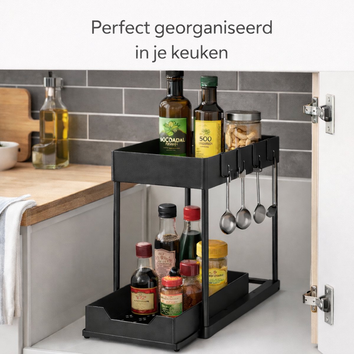 Joyage Keukenkast Organizer uitschuifbaar - Schuiflade Keukenkast - Aanrecht Organiser – Keuken Organizers - Kast Organizer - Kitchen Organizer Lade Organizer Zwart - Under sink Organizer - Gootsteenkast Organizer Keukenrek - Badkamer organizer — cadeau in Cadeau-ideeën - foto 6