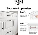 Instructies voor het opmeten van de boorafstand voor handgrepen, met afbeeldingen van witte keukenkastjes met zwarte handgrepen.