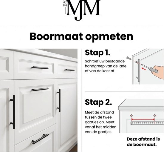 Instructies voor het opmeten van de boorafstand voor handgrepen, met afbeeldingen van witte keukenkastjes met zwarte handgrepen.