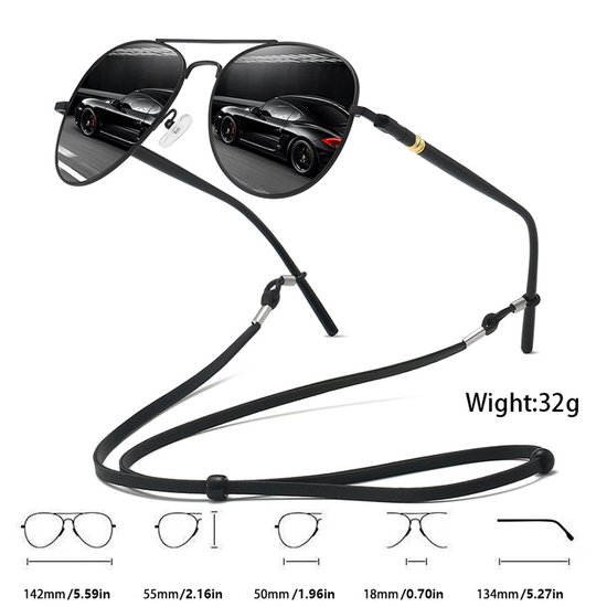 Zwart lens Piloten Zonnebril | Aviator Zonnebril | Retro & Classic Bril | Festival , Rave Bril | Carnavalsbril | Zonnebril Dames & Heren | Mat Zwarte lens | Zilver / Zwart montuur | Trendy Party & Outdoor Bril + brillen koord , sleeve & doek — afbeelding 2
