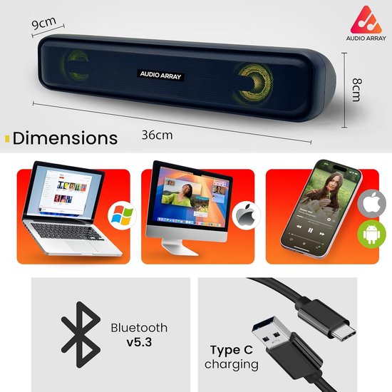 Krachtige Bluetooth Soundbar met 25W, RGB Verlichting en Meerdere Aansluitingen voor TV, PC en Mobiel van Merkloos — afbeelding 4