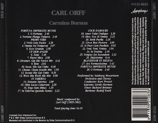 CARL ORFF CARMINA BURANA: lijst van nummers, uitvoerenden en productiedetails.