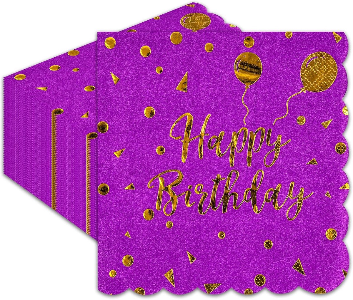 40x Verjaardag Servetten Paars Goud Geschulpt - Cocktail & Diner Servetten 33x33cm