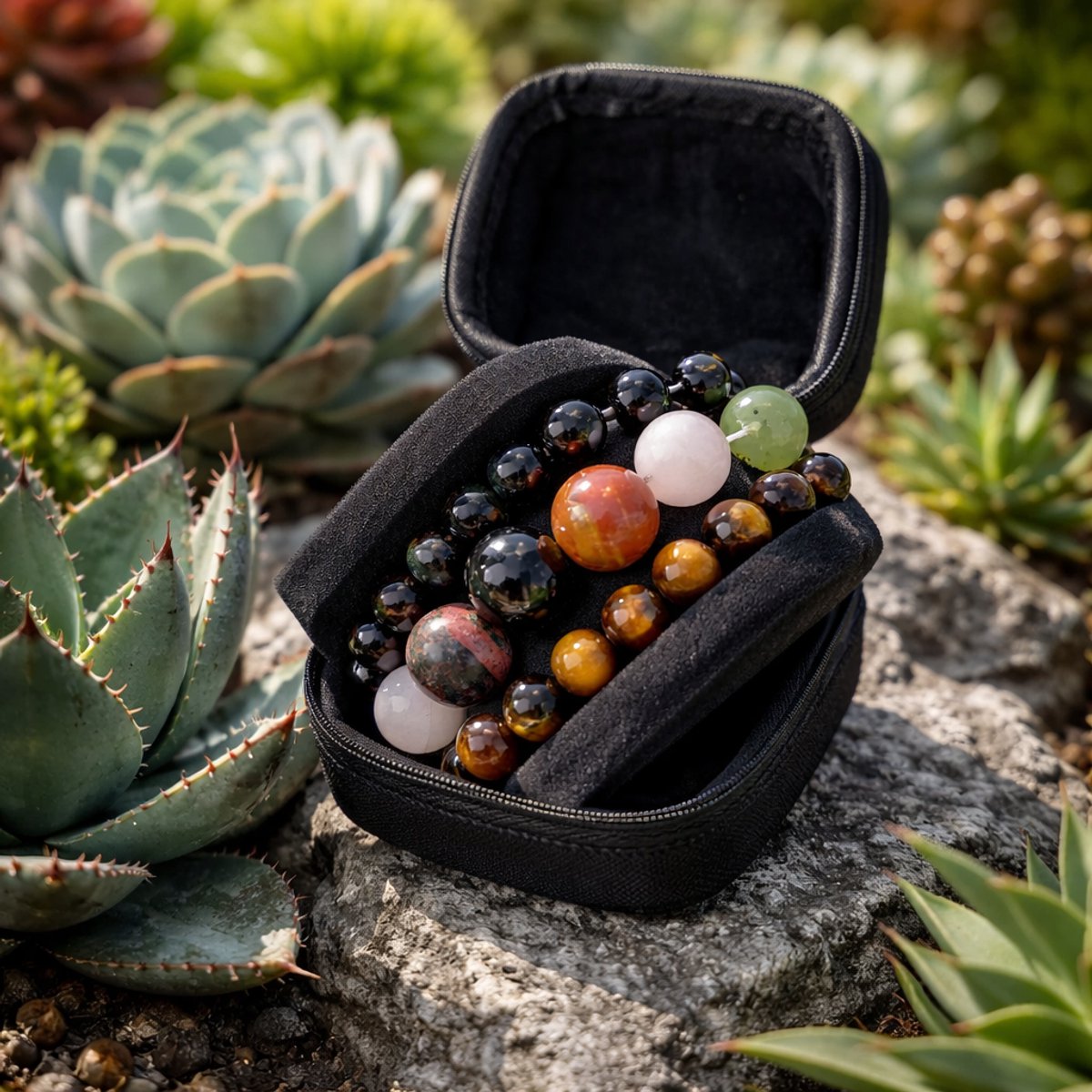 armbanden set van 3 – natuur (edel) steen grote kralen van toermalijn, rozenkwarts, obsidiaan en tijgeroog – handgemaakt – bescherming en energie reinigen
