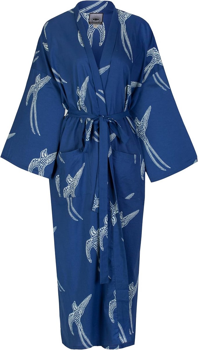 Dames Omslagdoek Katoen Kimono Kamerjas Lichtgewicht Handbedrukt Lange Blauwe Vogel