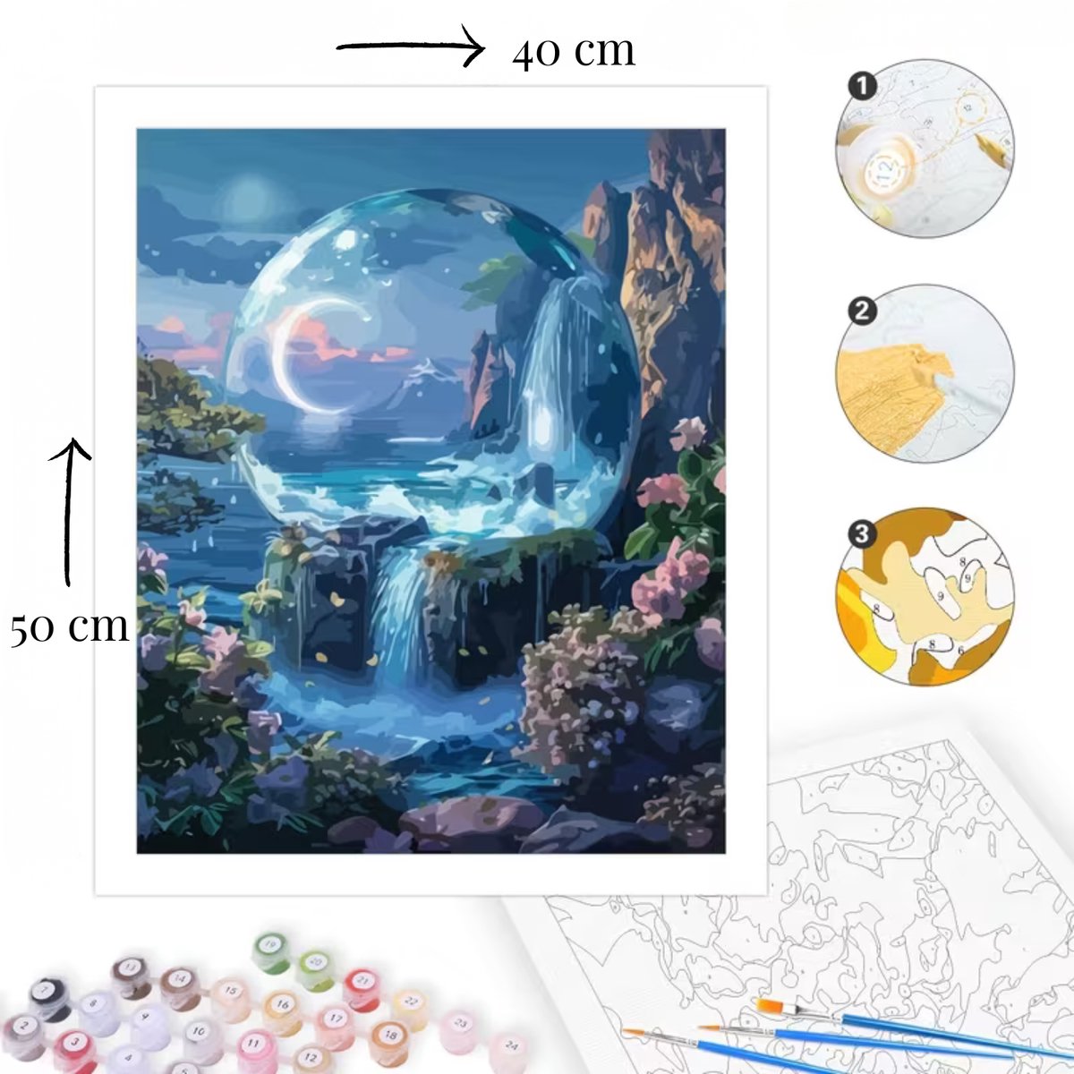 Nalovi - Schilderen op nummer - Op doek - Waterval in maanlicht - 50x40 Schilderpakket - Voor volwassenen - Inclusies verf en penselen - Hobby voor thuis - Rustgevend — afbeelding 3