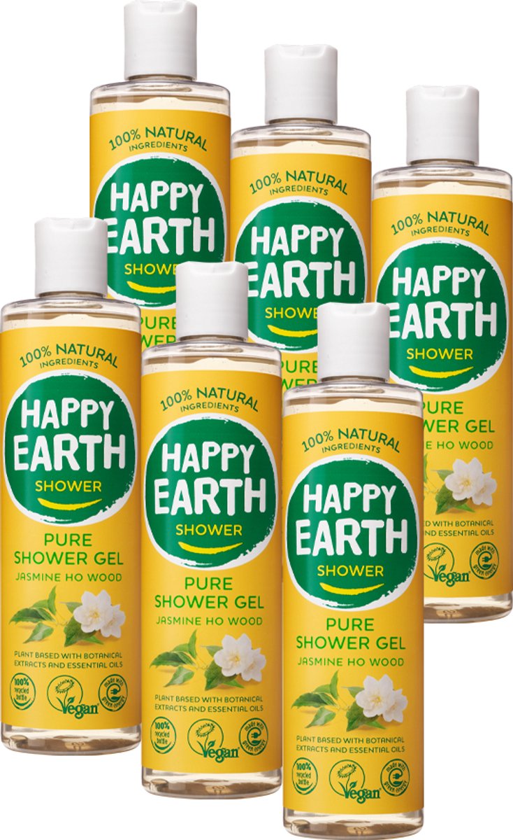 Happy Earth Bundel Douchegel Jasmine Ho Wood - 100% Natuurlijk - Microplasticvrij - Verzorgt en reinigt de huid – Microplasticvrij – Zonder SLS/SLES, parabenen en nare toevoegingen - 6x300mL – Voordeelverpakking