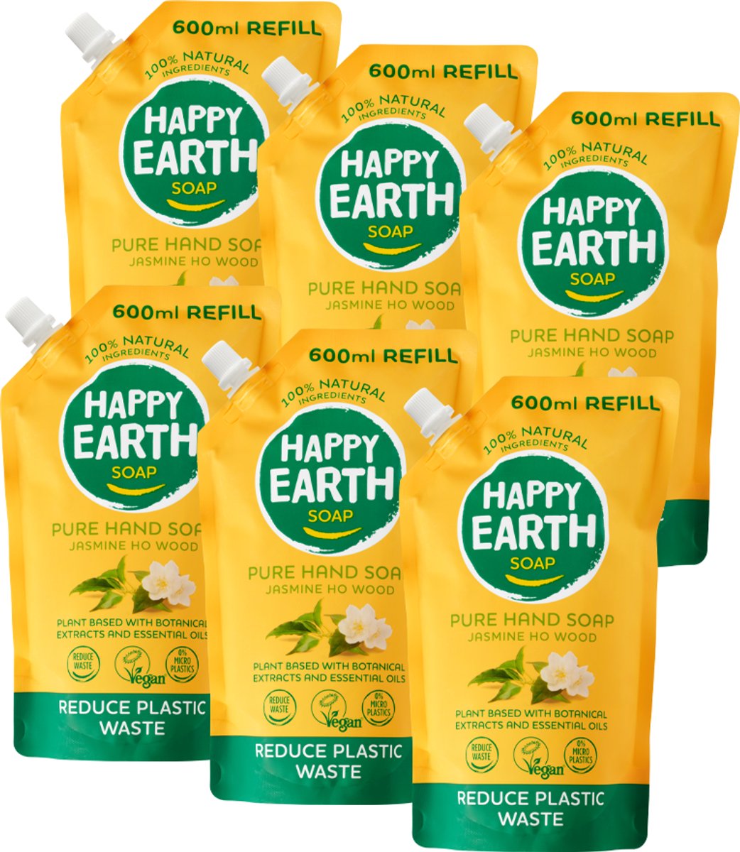 Happy Earth Bundel Handzeep Navulling Jasmine Ho Wood - 100% Natuurlijk - Microplasticvrij - Refill - Antibacterieel – Plantaardige formule - 0% SLS/SLES of parabenen – Heerlijke geur – 6 x 600 ml – Voordeelverpakking