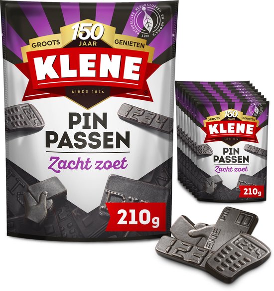 Klene Pinpassen zacht zoet drop in 8 zakken van 210g. De dropjes hebben de vorm van pinpassen en cijfers.