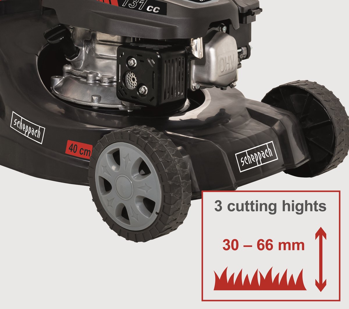 Scheppach Grasmaaier Benzine MP132-40 - 40cm maaibreedte - 4-takt - 131cc - 3,3pk - In 3 maaihoogtes instelbaar: 30-66mm - Voor tuinen tot 600m² - met 35L opvangbak – foto 3