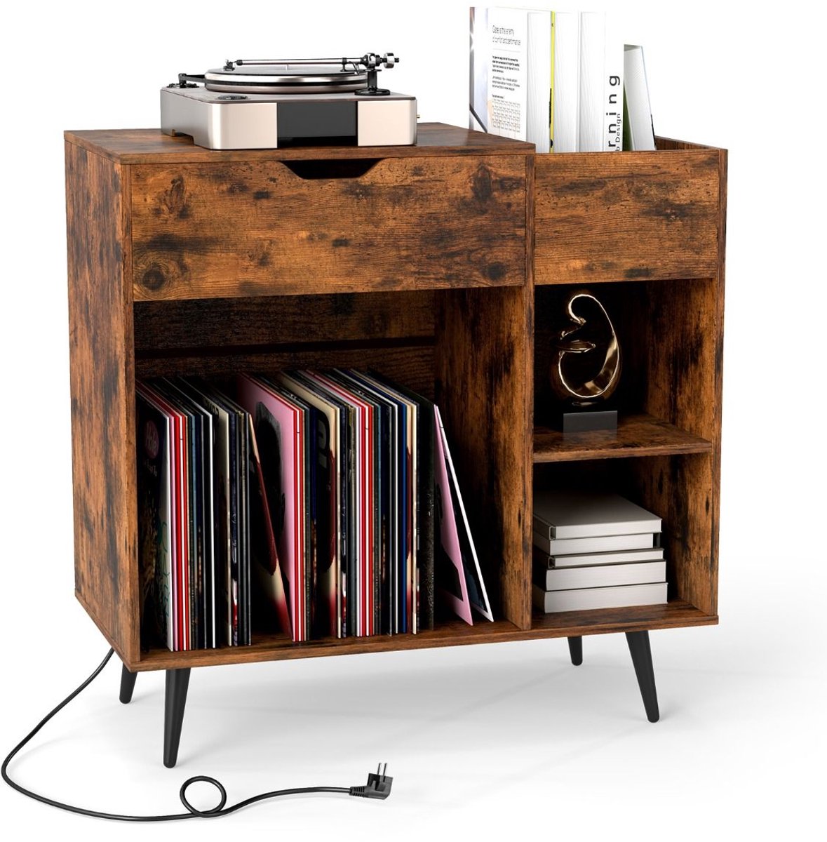 Platenspeler Meubel - LP-kast - Platenspelerkast - Draaitafelstandaard - Platenspelerstandaard - Vintage Displayplank - Rustiek Bruin