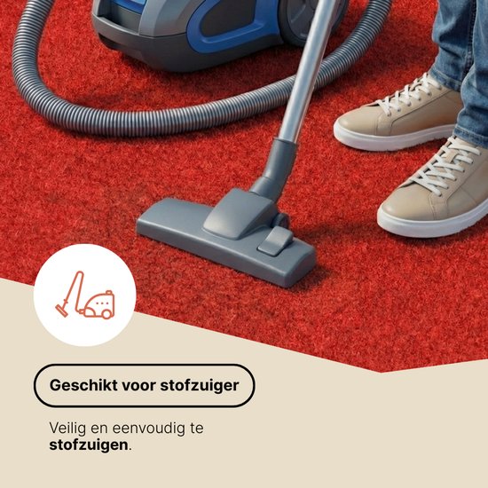 Een stofzuiger op rode kunstgras, met de tekst 'Geschikt voor stofzuiger'.