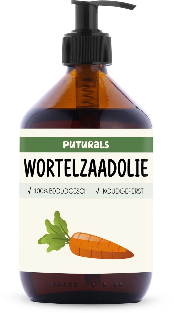 Puturals Wortelolie 100% Biologisch - 500ml - Puur en Koudgeperst - Carrot Oil als Haarmasker, Haarolie en Huidolie - Rijk aan Antioxidanten - Bruine Glazen Fles + Pomp