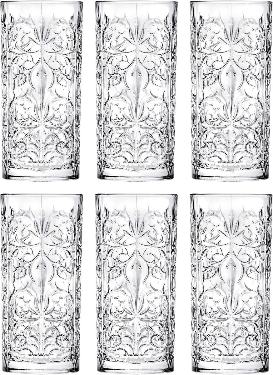 Set van 6 Highball Glazen 36cl - Stijlvol Kristalglas met Excentriek Patroon