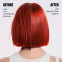 Voor en na: kort rood haar. Links droog en dof na shampoo, rechts glanzend en verzorgd na Wella Ultimate Color.