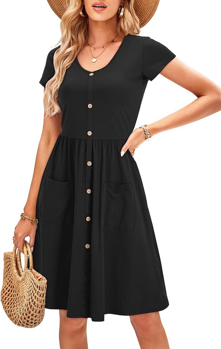 Casual zomerjurk dames met V-hals en knoopsluiting inclusief zakken