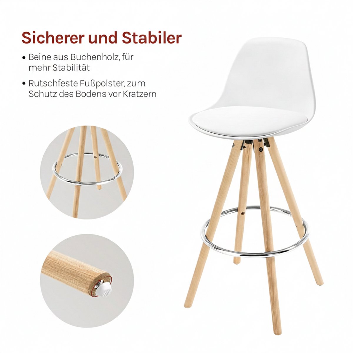 Barkruk Set van 2 House&Garden Luxe Ontbijt- & Keukenstoelen | Ergonomische Kunstleren Zitting | Houten Frame met Rugleuning en Voetensteun | Modern Wit | Comfortabel & Duurzaam voor Keuken, Bar of Bistro