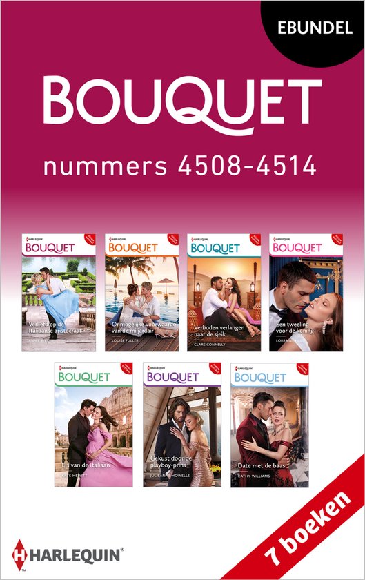 E-bundel met 7 Bouquet romans, nummers 4508-4514, met afbeeldingen van romantische scènes.