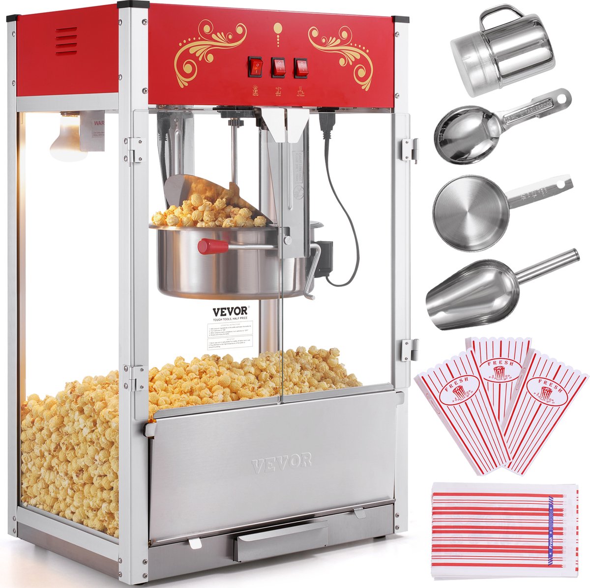 VEVOR Popcornmachine Maker Popcornmachine Popcornmachine 1615w Popcorn Rood 16oz