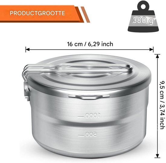 GELLDG Camping kookgerei set - 1,5 liter roestvrijstalen camping kookgerei set - Outdoor kookpannen set - Geschikt voor kamperen, wandelen en picknicken - Roestvrij staal - Zilver — afbeelding 2