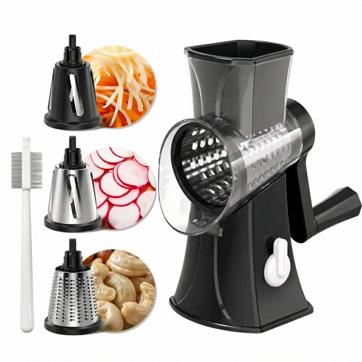 JustValue Multifunctionele Groentesnijder – Handmatig – 3 Verwisselbare Messen – Snijmes – Rasphouder – Poedermes – Met Zuigvoet – Veilig Keukengerei – Zwart