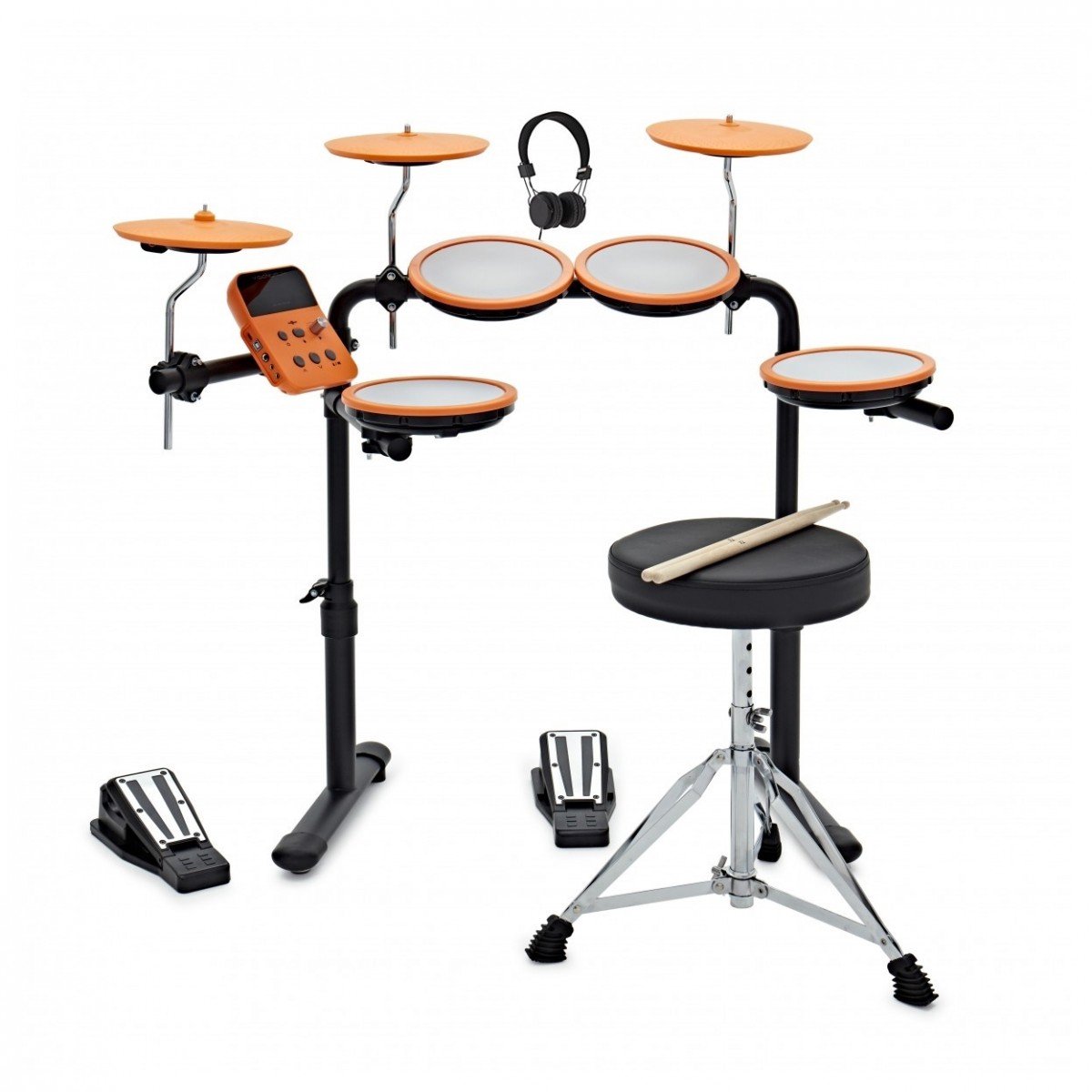 VISIONDRUM 7-Delig Elektronisch Drumstel met Kruk en Koptelefoon - Netwerk Mesh Pads Elektrisch Drumstel voor Kinderen & Volwassenen - Oranje