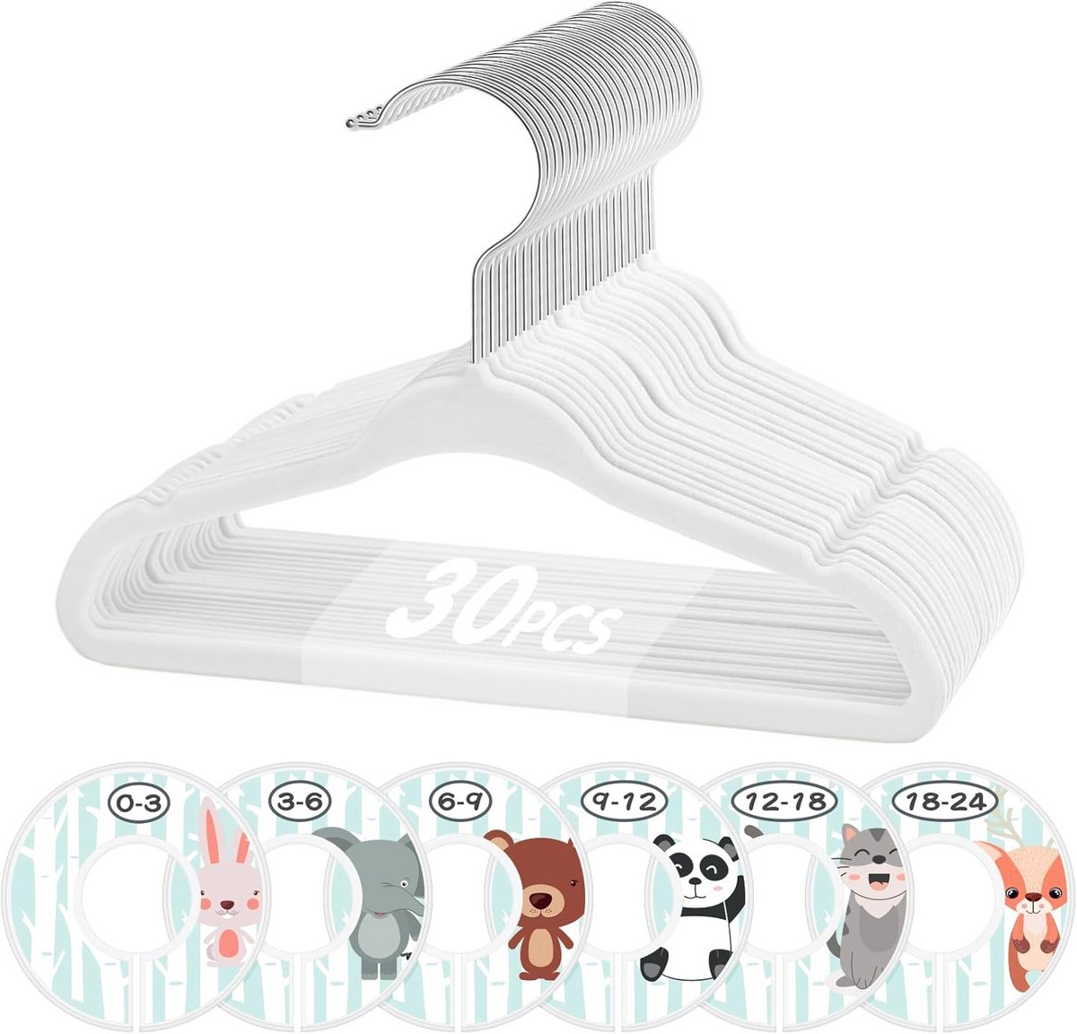 Set van 30 Witte Baby Kleerhangers met Maatverdelers - Antislip Kinderkledinghangers