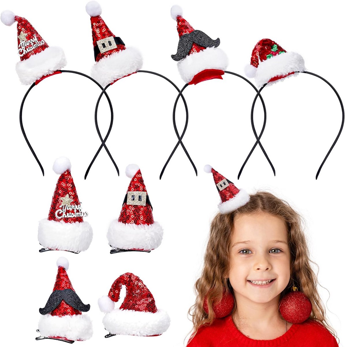 8-delige Kerst Haaraccessoires Set: Kerstmuts Hoofdbanden en Haarspeldjes voor Feest
