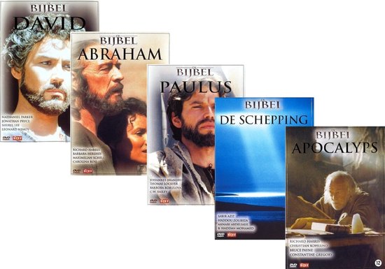 Vijf DVD-hoezen van de Bijbel serie: David, Abraham, Paulus, De Schepping en Apocalyps.