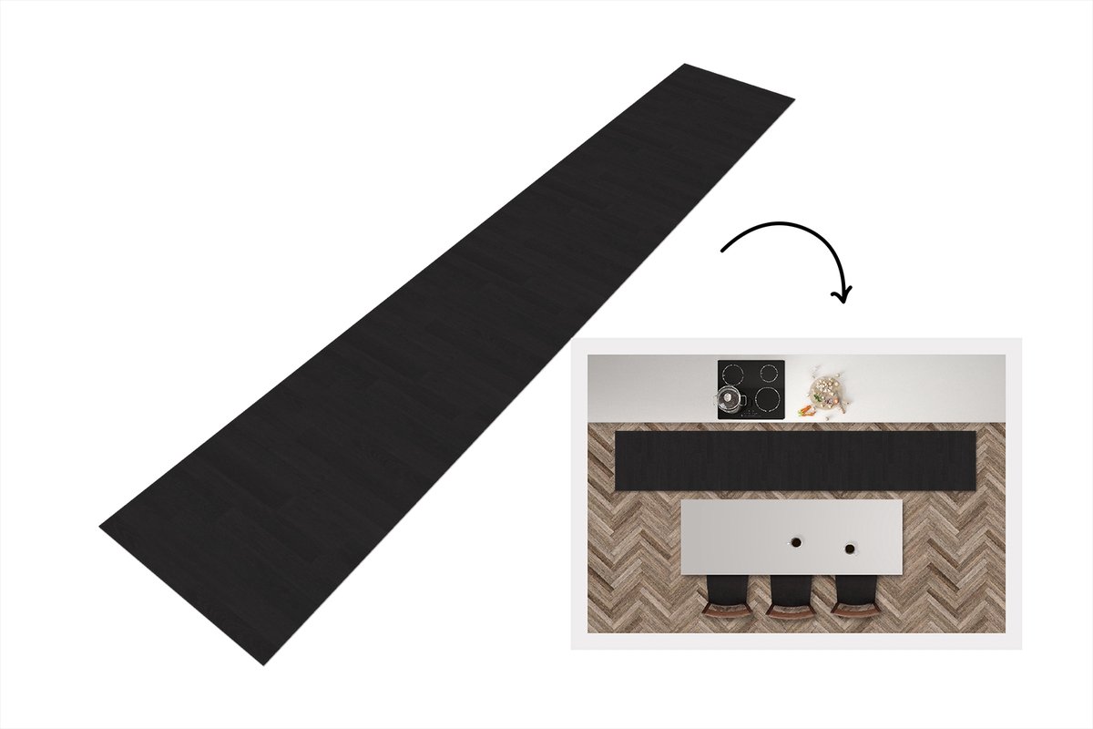 Keukenloper 360x60 cm - Keukenmat vinyl Plank - Zwart - Patronen - Keukenmatten loper - Ke