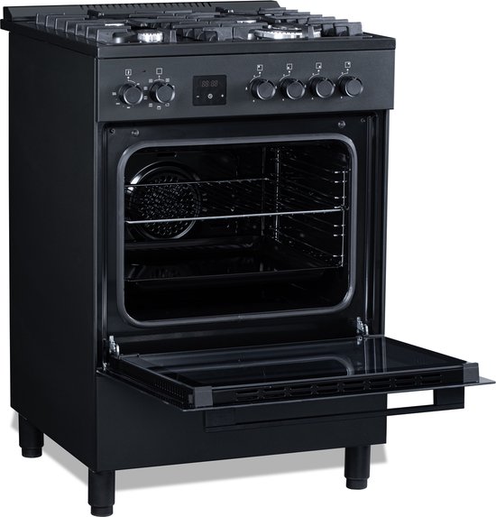 Zwart Everglades gasfornuis met open ovendeur en digitale timer.