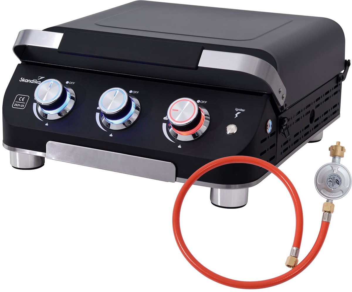 Skandika gasplancha Palo - Gas plancha grillplaat met deksel, 3 branders, lekbak, draagbare gasgrill met kookplaat | Outdoor, camping, balkongrill, tafelgrill, grillplancha, gasbarbecue