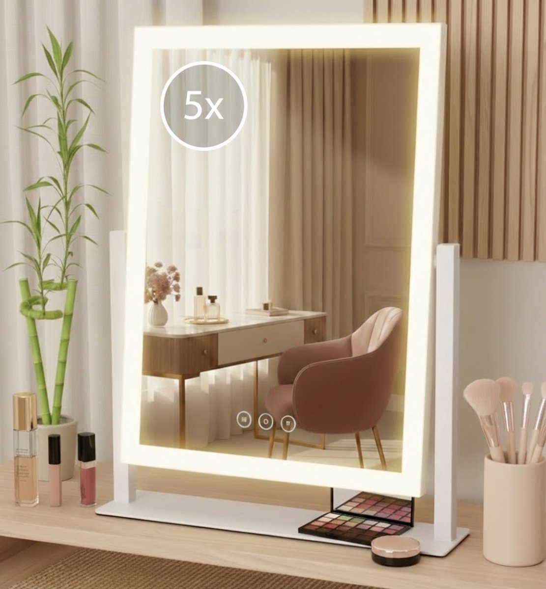 OMNIEXA Hollywood Spiegel – compact formaat – vierzijdige lichtstrip – 3 lichtkleuren & traploos dimbaar – roteerbaar op standaard – USB-voeding – Auto-off 60 min – Wit