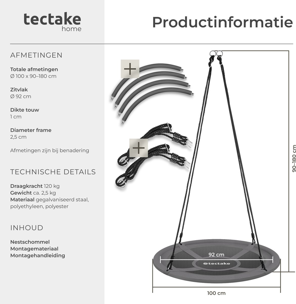 tectake® Nestschommel - Mandschommel - Draagvermogen van max. 120 kg - Schommel voor kinderen en volwassenen - Tuinschommel voor buiten of hangstoel voor binnen - Speelgoed voor in de tuin of kinderkamer - Ø 100 cm — afbeelding 4
