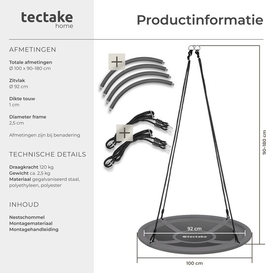 Afmetingen en onderdelen van de grijze nestschommel.