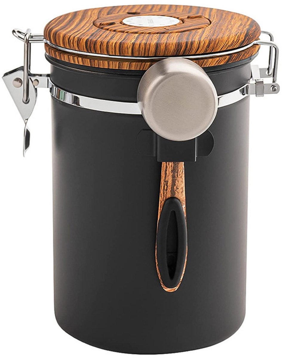 1 Stuk, Luchtdichte Pot, Koffiekan, Grote Luchtdichte Roestvrijstalen Voedselbewaarcontainer, Met Tijdschema En Lepel, 1800ml, Houtnerfkleur